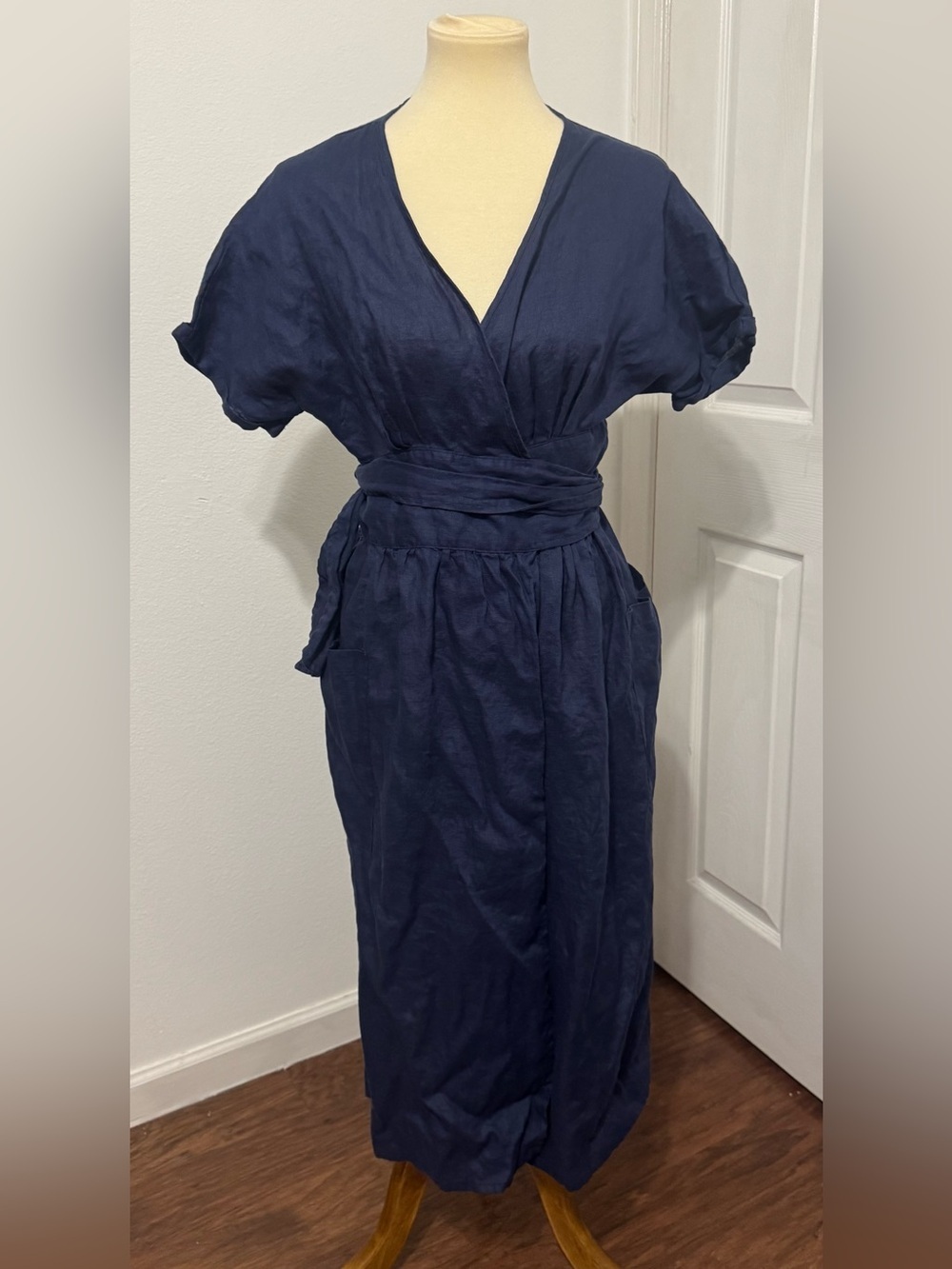 Lintico 100% Linen Navy Blue Wrap Midi Dress Kimono Sleeve Tie Waist Pockets Sm